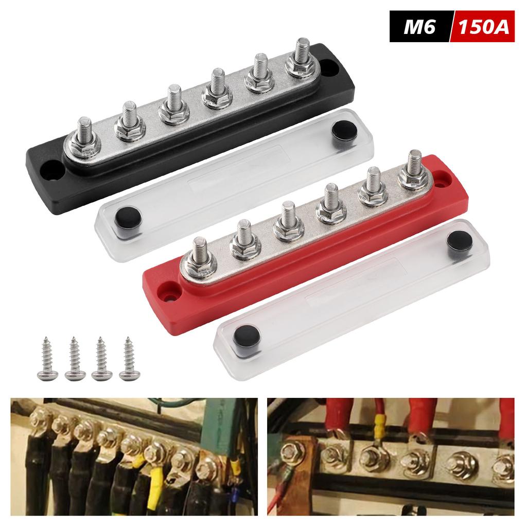 150A Power Distribution Block 48V Bus Bar Terminal Block 6 x M6 Terminal Studs Marine Bus Bar with Cover For Car Truck