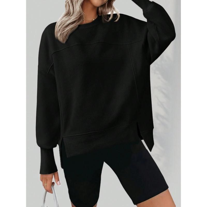 Women's European Style Autumn Winter New Style Crew Neck Long Sleeve Split Solid Color Minimalist Casual Loose Versatile Hoodie