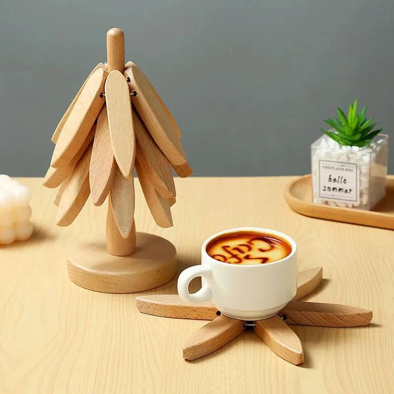3/4PCS Tree Design Bamboo Wooden Stand Set Heat Resistant Anti Scald Table Mat Coaster Placemats for Kitchen Dining Decor