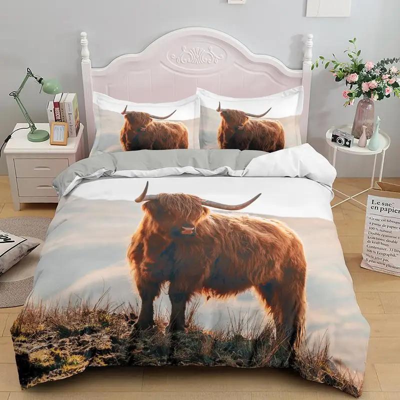 Highland Cow Duvet Cover Bull Cattle Bedding Set Western Cowboy Comforter Cover Full Queen For Boys Teen Farmhouse Quilt Cover