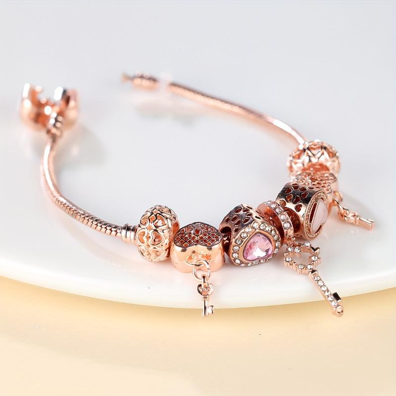 1 pulsera con colgante de llave de corazón de color oro rosa para mujer, pulsera de cuentas con dijes, regalo de joyería