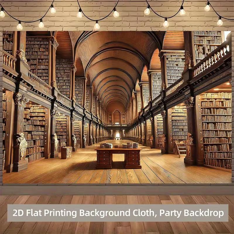 2D Retro Library Bookshelf Backdrop, Study Room Party Photography Background