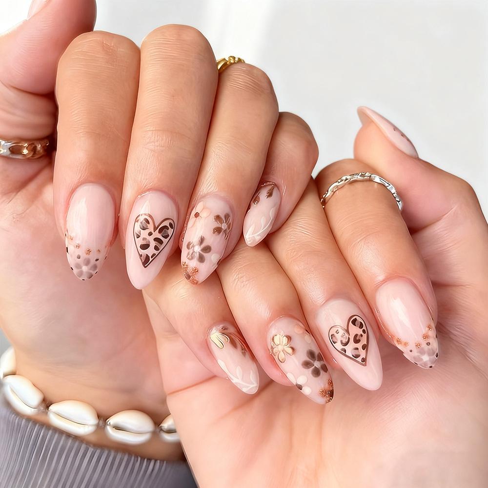 Valentine s Day French Leopard Print Heart and Petal False Nails Set - 24 Removable Pieces