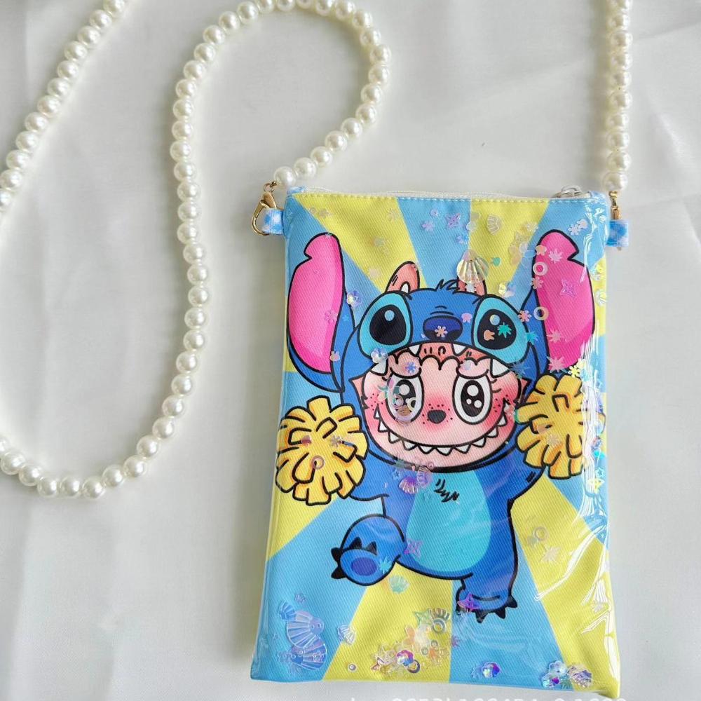 Labubu cartoon print quicksand mobile phone bag coin purse key bag zipper storage crossbody bag KTY