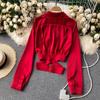 Spring French Design Sense Elegant Shirt Women Aesthetic Elastic Belt Waist Slim Short Blouse Female New Fashion Solid Retro Shirt Joker