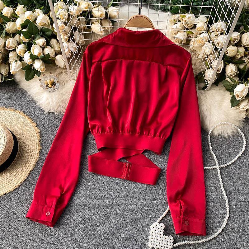 Spring French Design Sense Elegant Shirt Women Aesthetic Elastic Belt Waist Slim Short Blouse Female New Fashion Solid Retro Shirt Joker