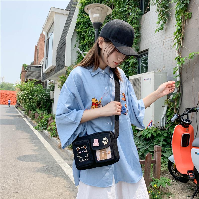 Fashion Canvas Small Bag Japanese Ins Women Shoulder Bag Cute Funny Personality Embroidery Bear Teenager Girl Student Transparent Messenger Bag