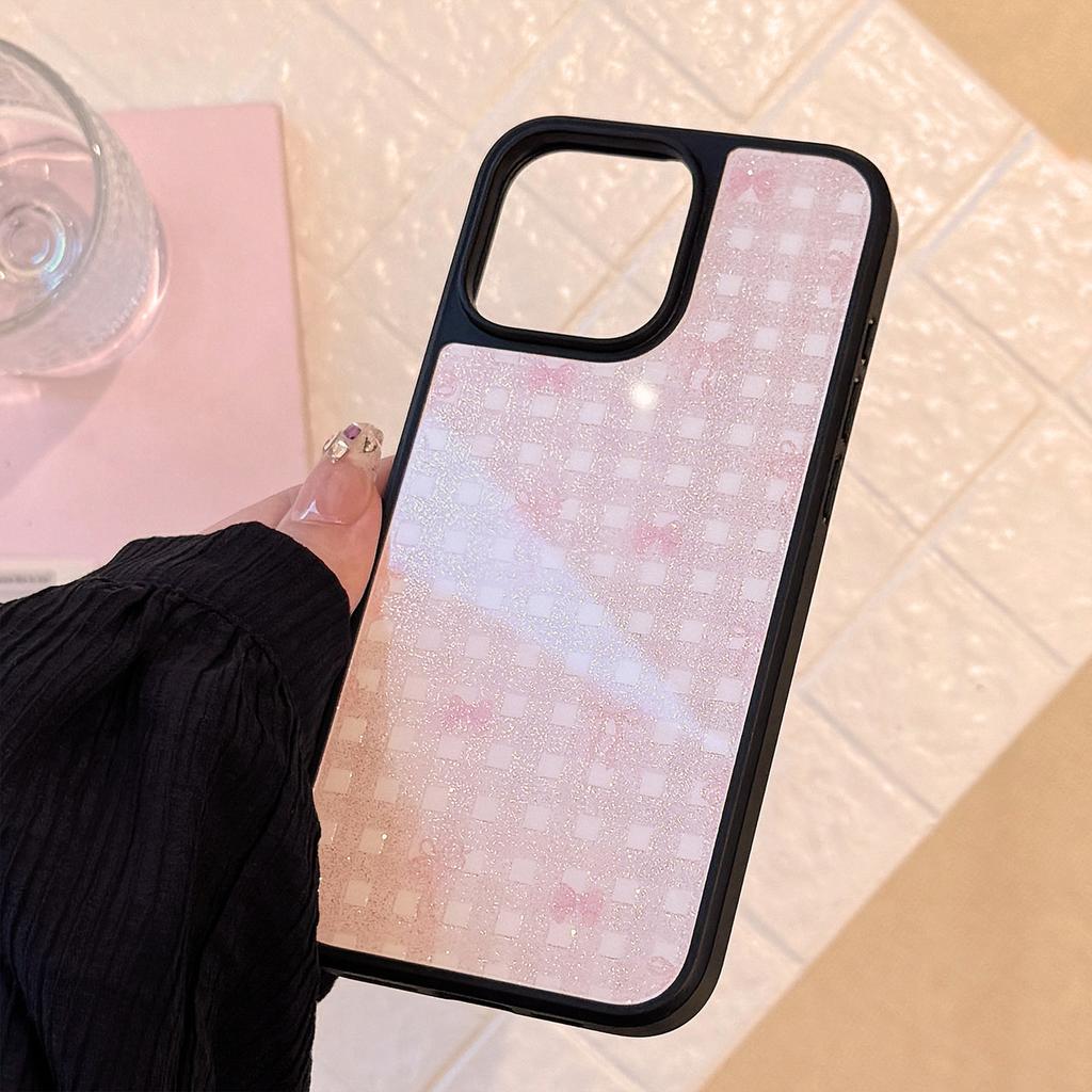 Sabbia Glittata Adatto per Iphone15 Apple 16pro Max Custodia per Telefono Cellulare Ins Glitter Rosa Check Fiocco 13 Dolce 14