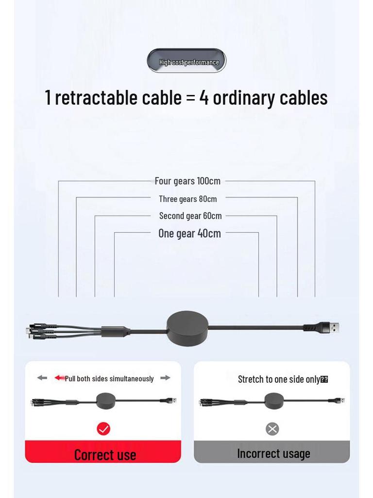 6A Retractable Multi-Device Super Fast Charging Cable with Three Connectors - Customizable Logo Option