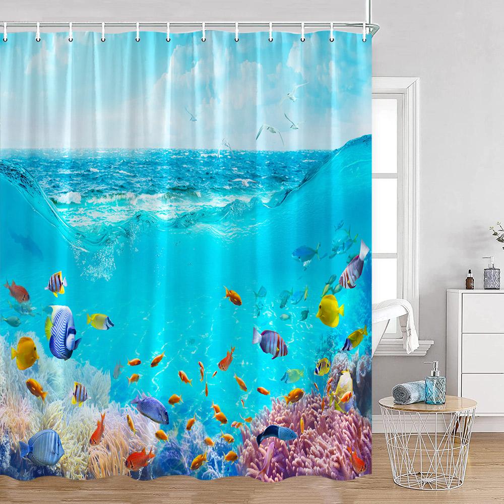 Ocean Animals Shower Curtains Undersea Tropical Fish Dolphins Coral Under Sea Home Decorations Summer Bath Curtains with Hooks