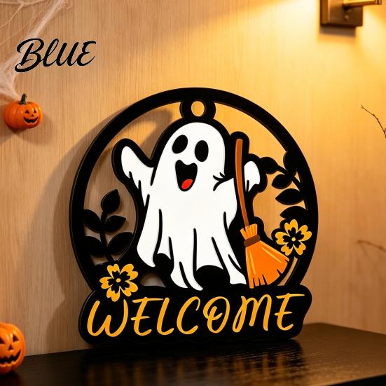 Rustic Pumpkin Door Decor Halloween Ghost Round Wooden Welcome Hanger Wall Plaque Tiered Tray Ornaments with Rope Hanging for Front Living