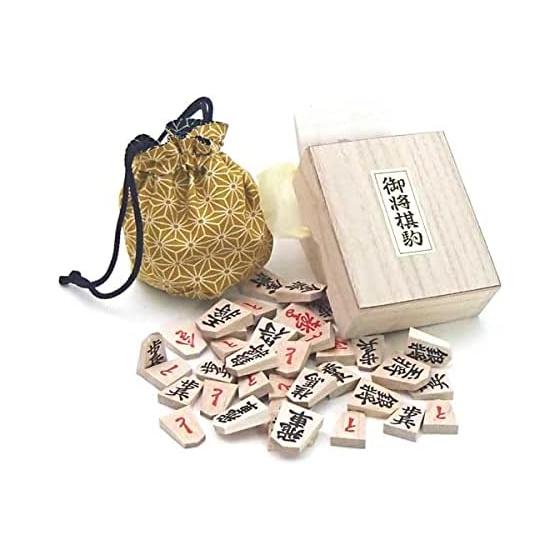 Wooden shogi pieces/piece bag Specially selected shogi pieces with bold letters in paulownia wood box (red lining) with original handmade piece bag