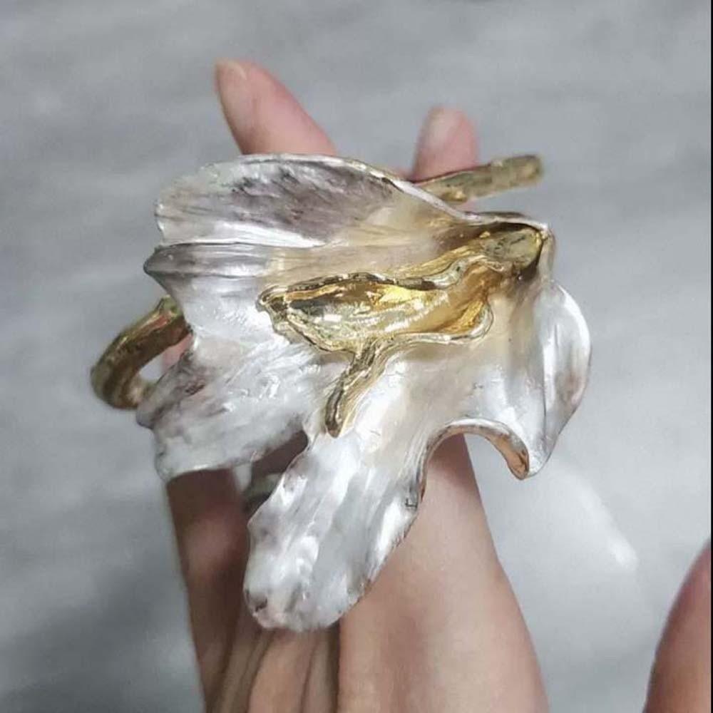 Armlet Tulip Bangle Exaggerated Metal Flower Bracelet Golden and White Bangle Mother's Day Gift
