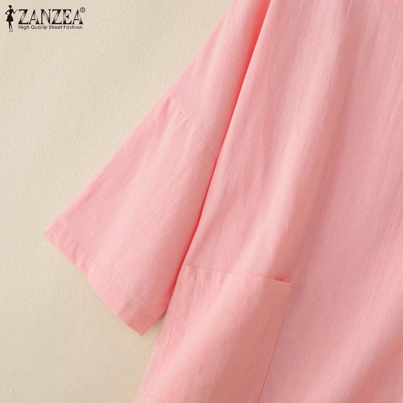 ZANZEA Women Casual Round Neck Solid Color 3/4 Sleeve Loose Blouse