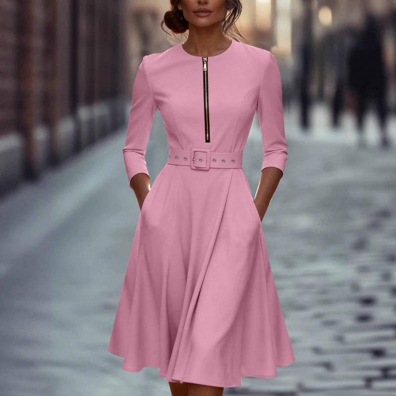 Women's Fashionable Round Neck Seven Quarter Sleeve Zipper Pocket Casual Dress With Belt