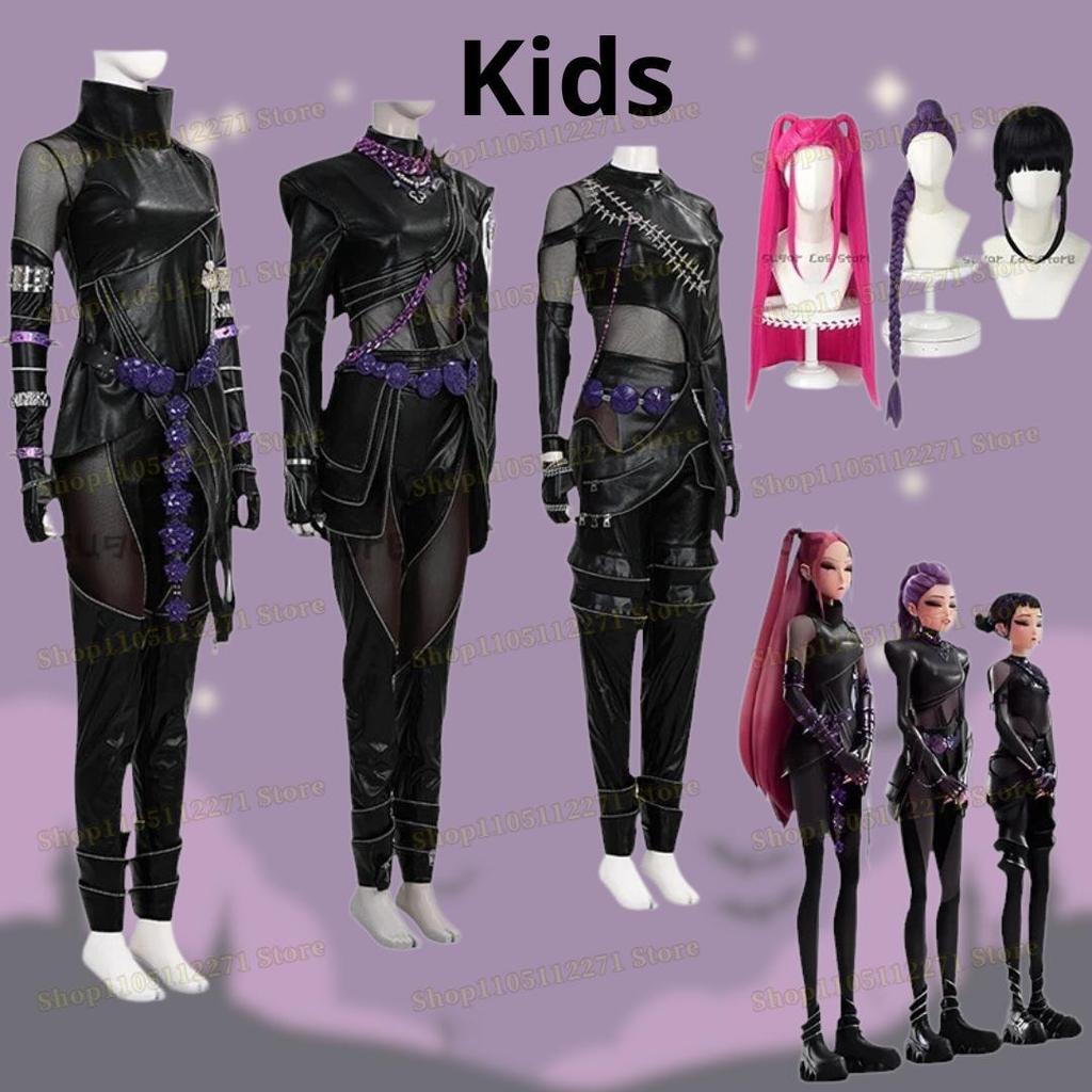 Kpop Demons Hunters Rumi Cosplay Kostyme Parykk Svart Lær Kampdrakt Voksen Kvinner Kåpe Bukser Belte Hansker Halloween Fest