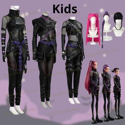 Kpop Δαίμονες Κυνηγοί Ρούμι Κοστούμι Cosplay Περούκα Μαύρο Δέρμα Στολή Μάχης Ενήλικες Γυναίκες Παλτό Παντελόνι Ζώνη Γάντια Αποκριάτικο Πάρτι