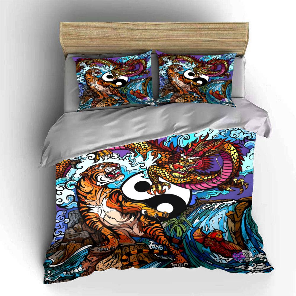 Dragon Tiger Yin Yang Decor Soft Comfortable Duvet Cover Bedding Set Included 1*Duvet Cover & 2*Pillowcases, Gift