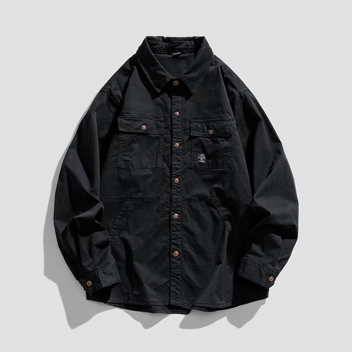 Men's Multi-pocket Loose Casual Shirt Trendy Fashion Top with Long Sleeves Versatile Work Jacket Green Khaki