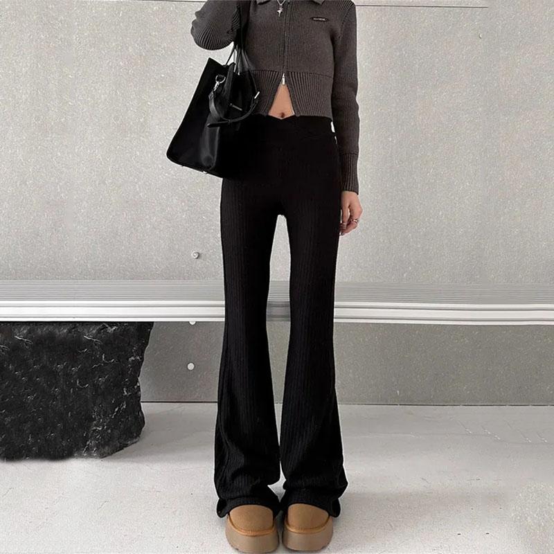 

Y2K винтажные серые брюки-клеш узкие женские корейские модные базовые черные расклешенные леггинсы Harajuku ретро повседневные вязаные спортивные штаны L