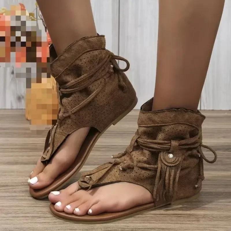 

Fashion Women Sandals 2025 New Summer Bohemia Flat Sandals Women Flip Flops Gladiator Vintage Shoes for Woman Fashion Beach Flat Sandals 43 коричневый