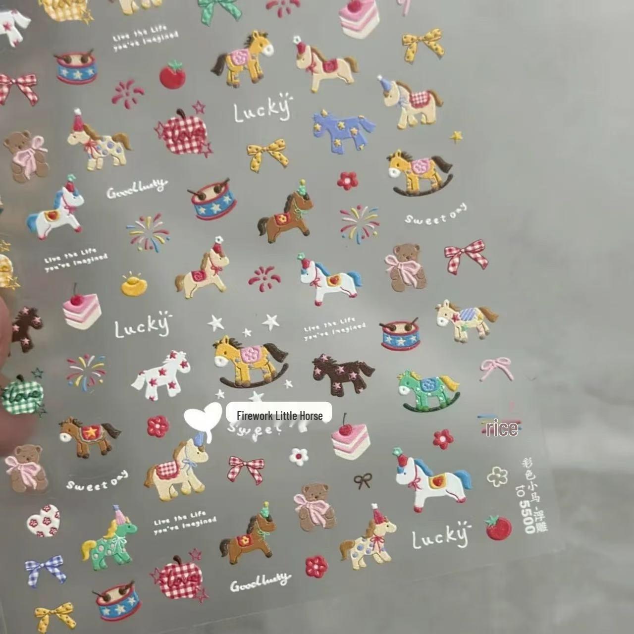 2026 Spring Festival Cute Horse Nail Art Stickers - Embossed Style Flower & Fortune DIY Decorations
