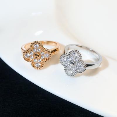 Four-leaf Clover Full Diamond Single Flower Ring V Gold Thick Plated 18K Mi Gold Girl Light Luxury Fresh and Sweet