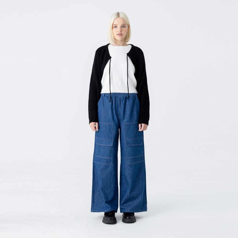 WUNDER GEIST Elastic Waist Medium Blue Denim Wide Cargo Pants