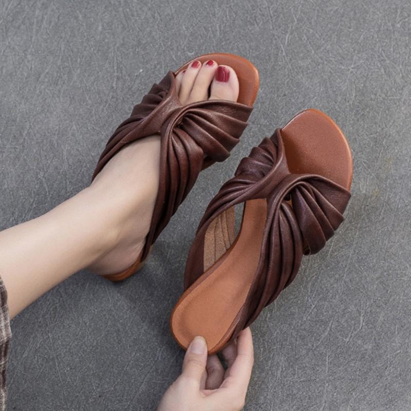 Johnature Peep Toe Bohemian Style Slippers Retro Lazy Style Genuine Leather Low Heel Women's Shoes