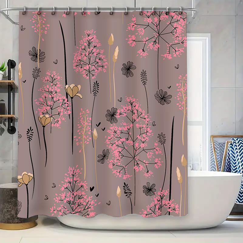 

Floral Pink Bath Shower Curtain For Bathroom Decor Pink Black Flowers Print Waterproof Fabric Window Liner Home Decoration With W60H190(CM)-1 Pcs
