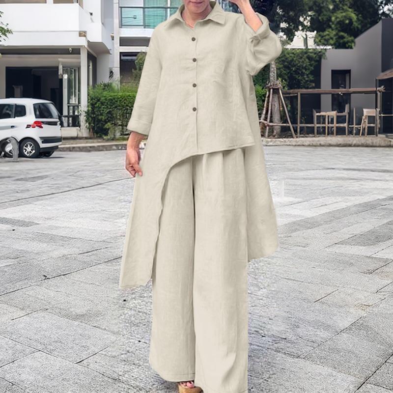 ZANZEA Women Long Sleeve Irregular Blouse and Pants Casual Two Piece Suit Sets