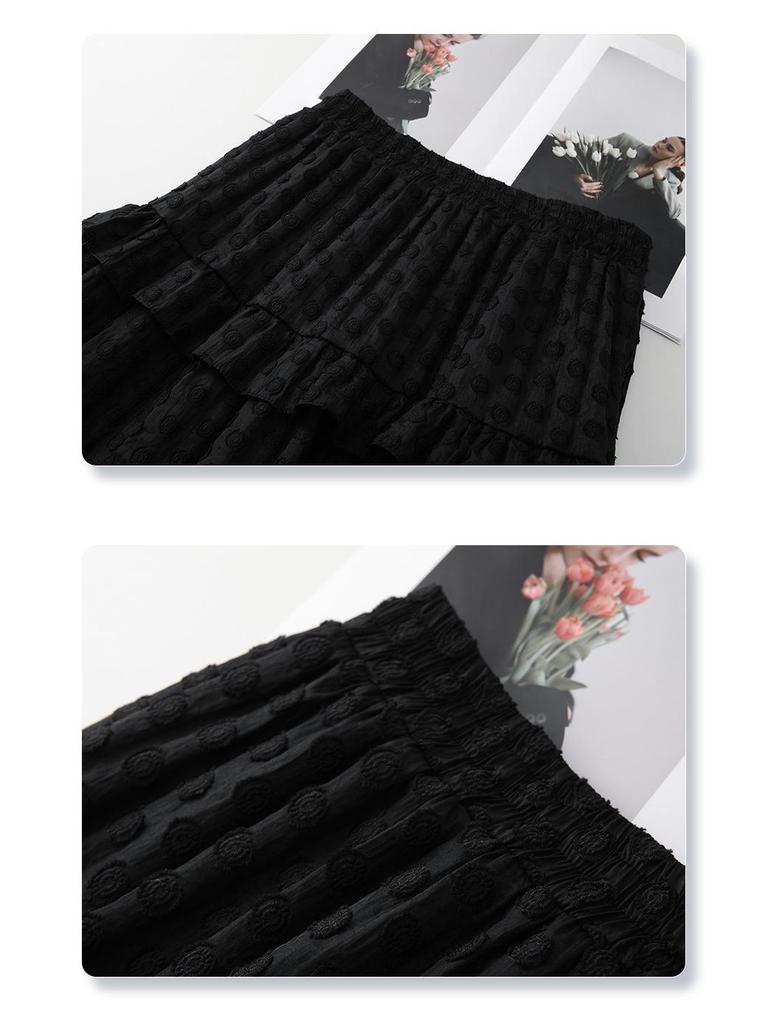 Damen Weißer Jacquard Pünktchen Rüschen Midi Rock - Sommer 2025 A-Linien Schirmdesign