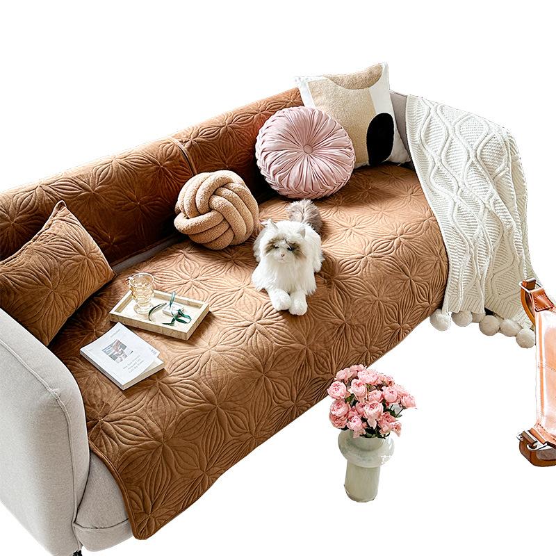 Solid Color Autumn and Winter Plush Sofa Cushions Heavy Industry Quilted Embroidery Living Room French Retro Sofa Cover Cover Seat Cushion
