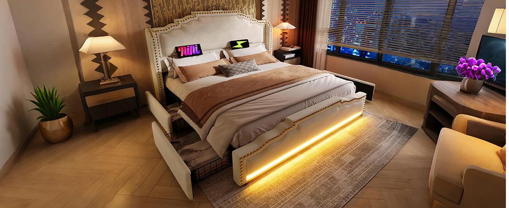 Upholstered Bed 140×200, Double Bed with 4 Drawers, LED Lighting USB-C Charging Port, Youth Bed with Slatted Base, Velvet, Beige, Without Mattress