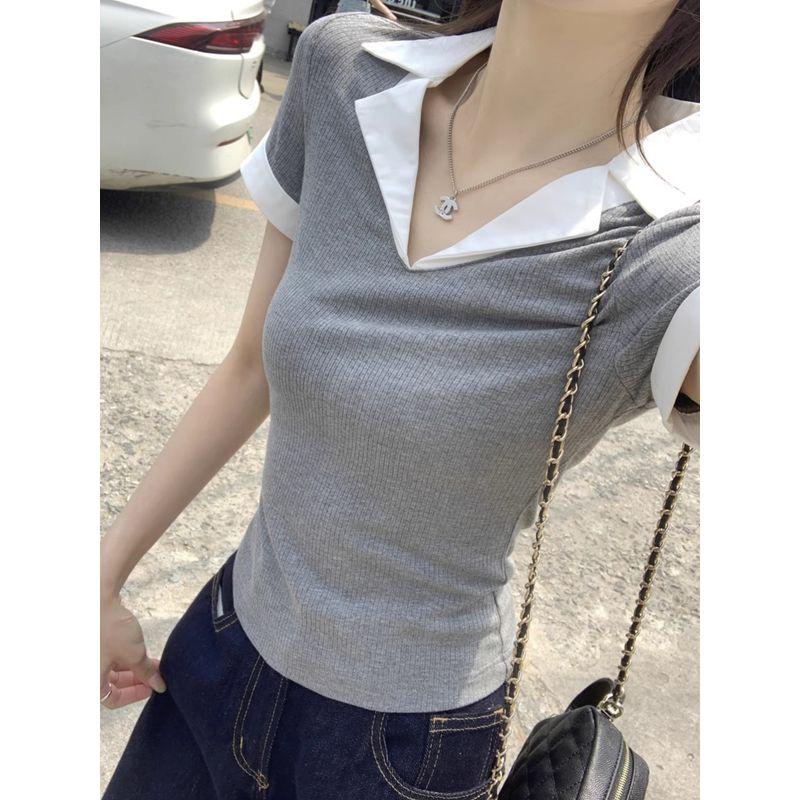 Kumikumi Casual Temperament Contrast Color Suit Collar Short Sleeve T-shirt Women Summer Slim Fit Slimming Versitile Fashion Top
