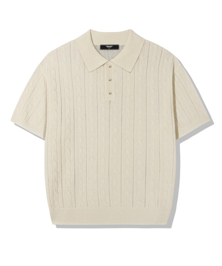 TRILLION Washable Resort Cable Collar Short Sleeve Knit_Ivory