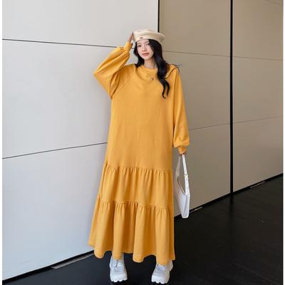 MODIQUE Women's Plus Size Dress Winter New Style Plus Velvet Warm Ruffles Loose Thick Long Plus Size Pullover Yellow Round Neck Dress Long Sleeves