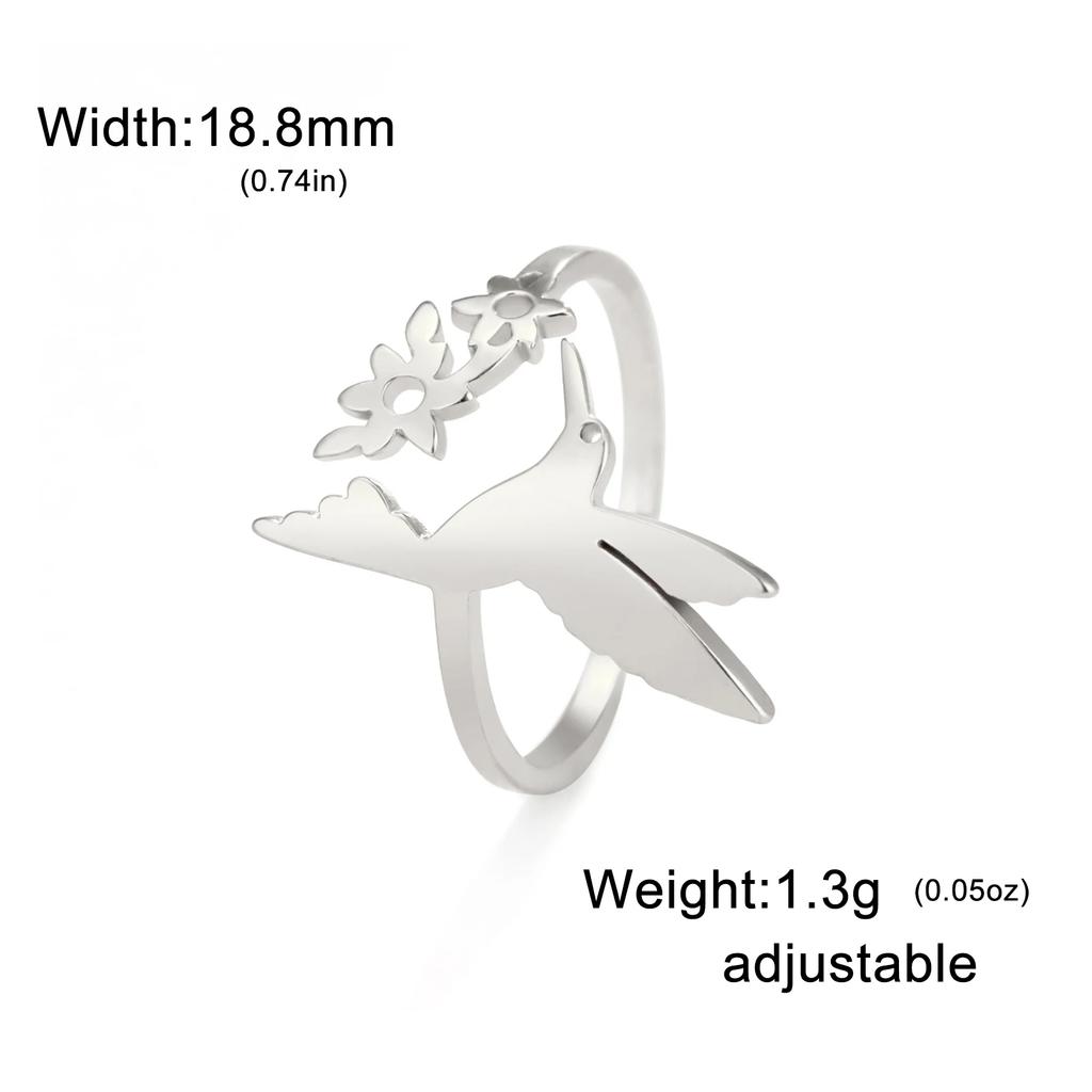 Hummingbird Flowers Leaves Open Ring Women Stainless Steel Adjustable Finger Rings Bird Animal Jewelry Birthday Gift