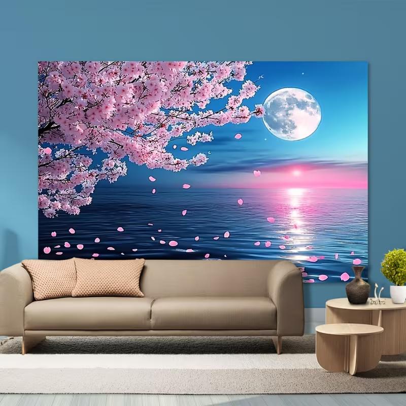 2D Floral Moon Ocean Backdrop, Cherry Blossom Sunset Wall Decor Banner