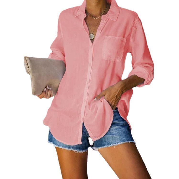Plus Size Women Casual Button Down Solid Color Loose Top Shirt