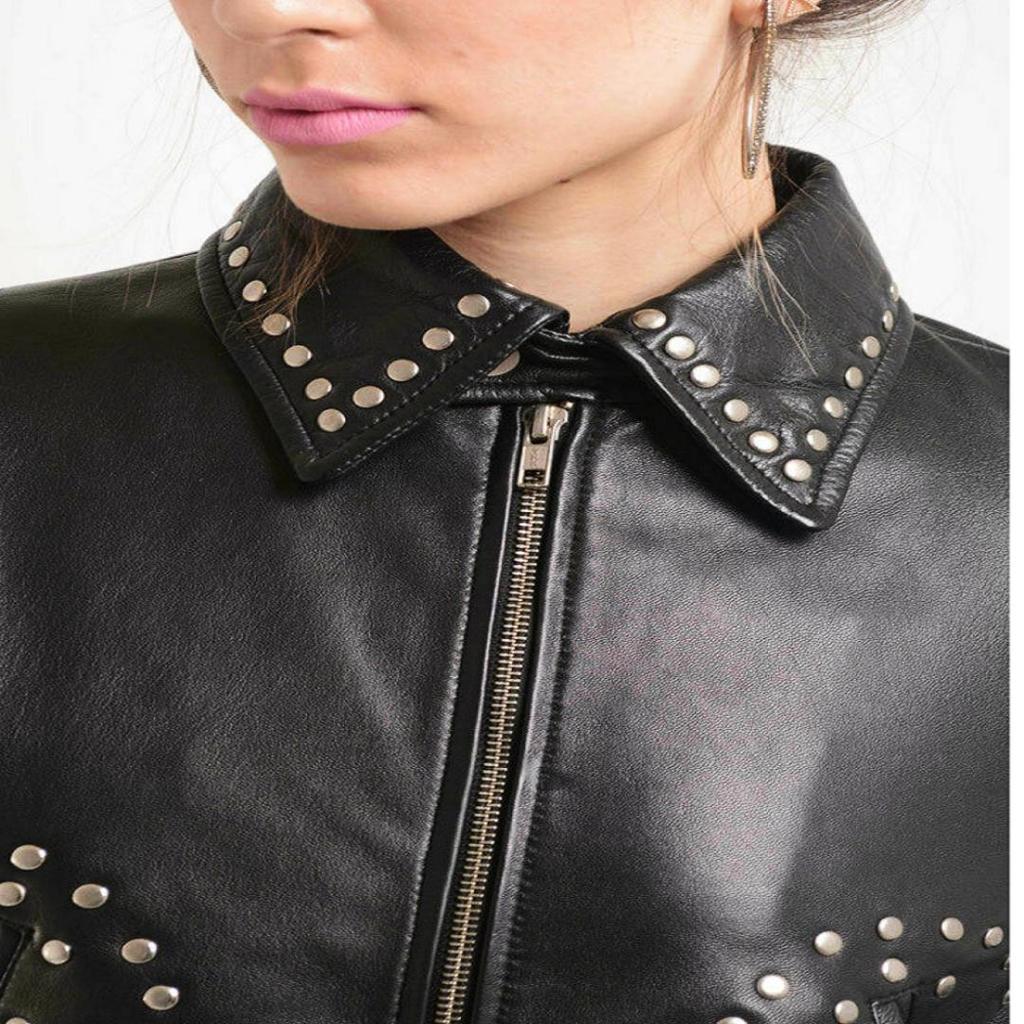NOORA Women's Black Lambskin Leather Cropped Hot Jacket, Biker Modern Stylesh Classic Leather Jacket, Party Wear Studed Jacket
