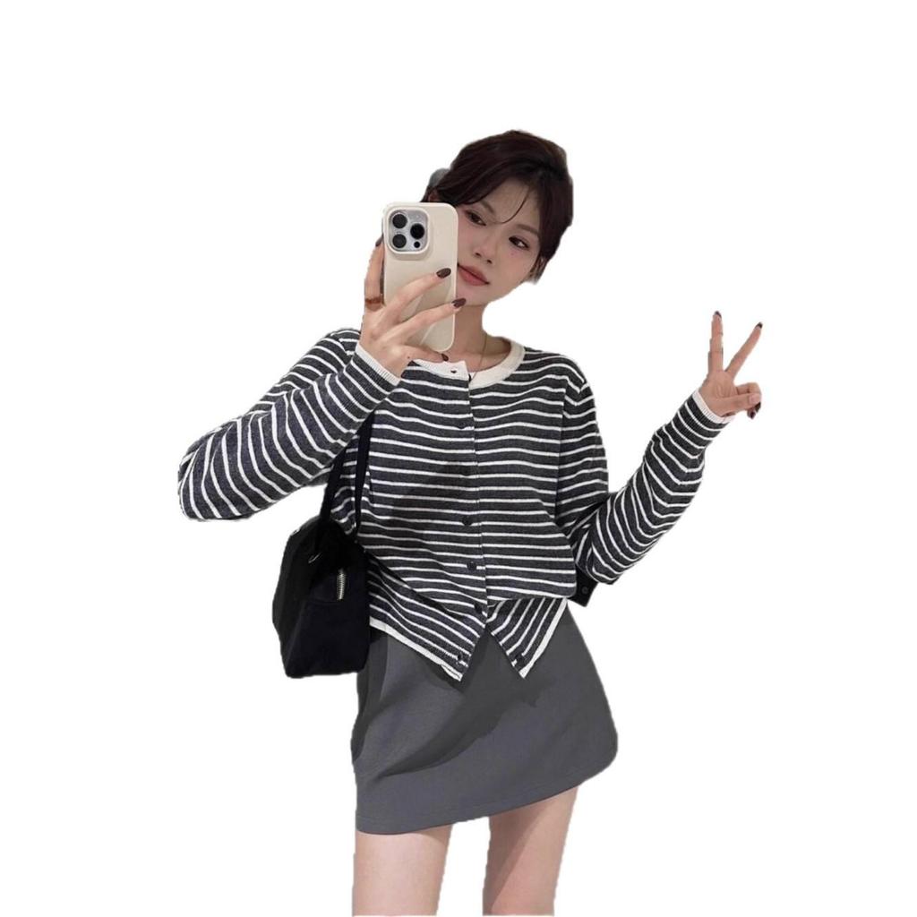 Korean High-End Black & White Striped Knit Cardigan for Women, Spring/Autumn, Inner Base Layer, Regular Shoulder, Cinched Waist, Short Top