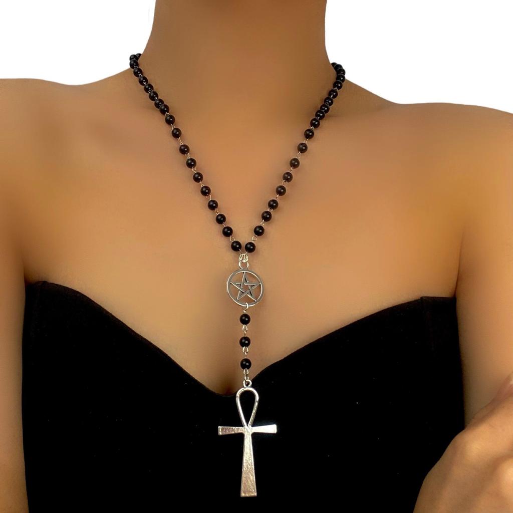 European and American Jewelry Gothic Cross Multi-layer Beaded Necklace Heavy Industry Versatile Medieval Niche Collarbone Chain Women