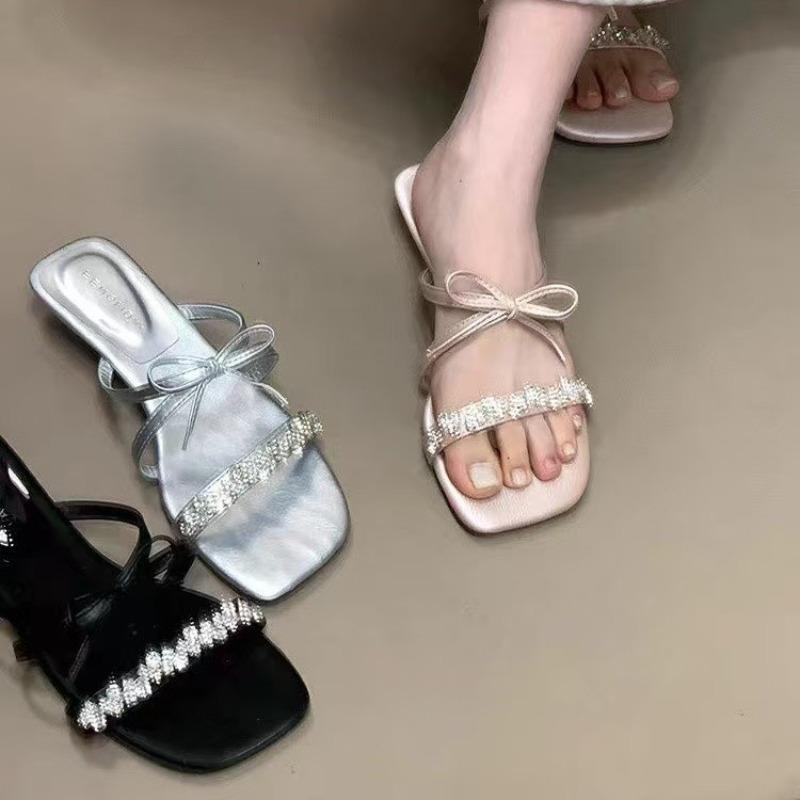 Summer New Style Women Crystal Butterfly-knot Slippers Concise Beach Slide Ladies Thick Heel Dress Sandals Zapatos Mujer