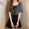 Checkered Short Sleeved Women's Tops French Retro Square Neck Lace Up Blouse Sweet Versatile Ladies Clothing