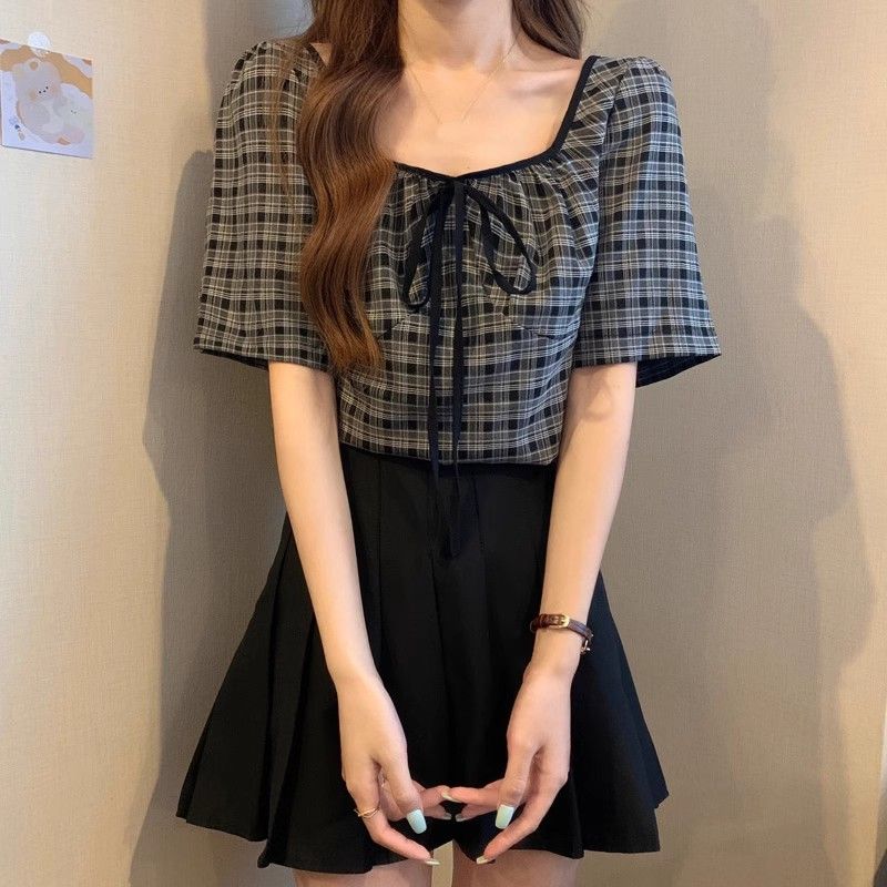 Checkered Short Sleeved Women's Tops French Retro Square Neck Lace Up Blouse Sweet Versatile Ladies Clothing