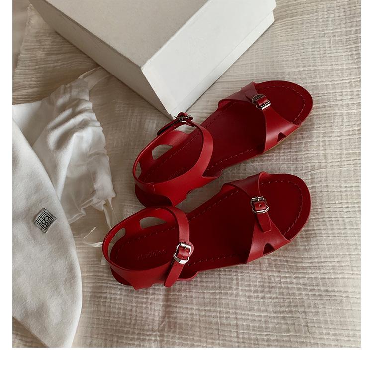 

Sheepskin version~ Grape mother same row minimalist double one-word buckle with Roman flat open-toed sandals women s summer sandals 40
