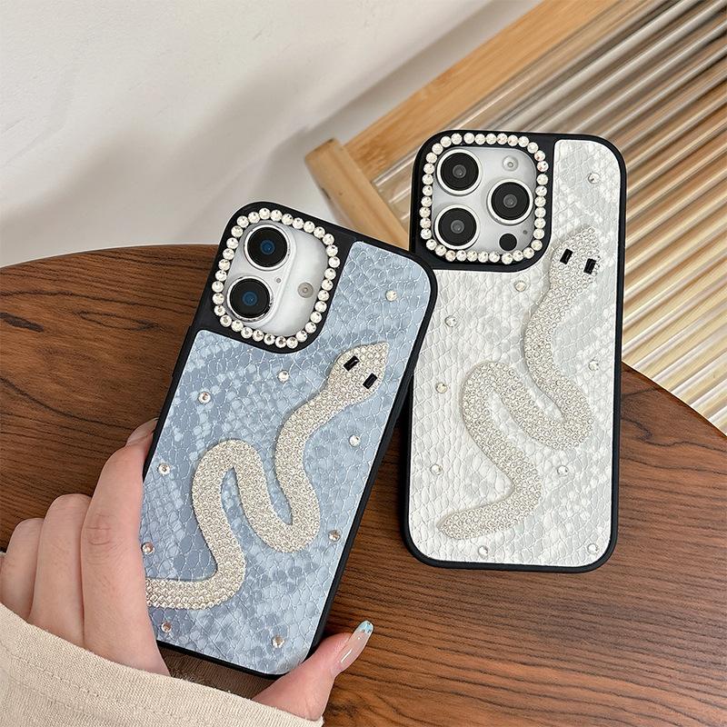 Silver Snake Rhinestone Mobile Phone Case Is Suitable For Apple 17Promax Solid Color Leather Iphone16 Light Luxury Fashion 15Plus