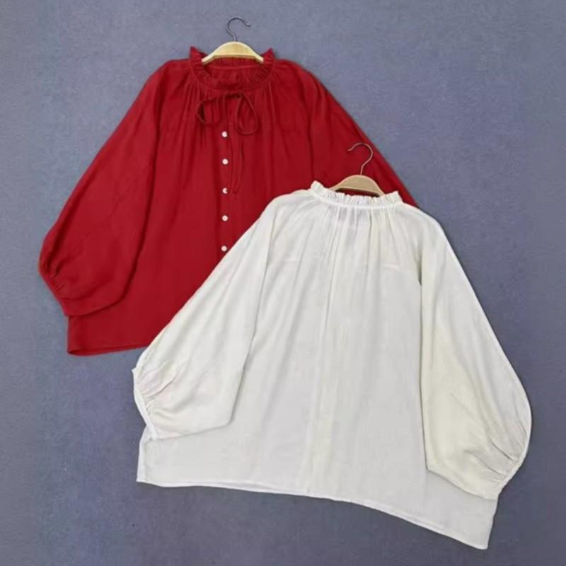 Johnature Japanische Casual Loose Bat Shirts Einfarbige Shirts Sommer Vintage Rüschen Kragen Krawatte Tops Frauen