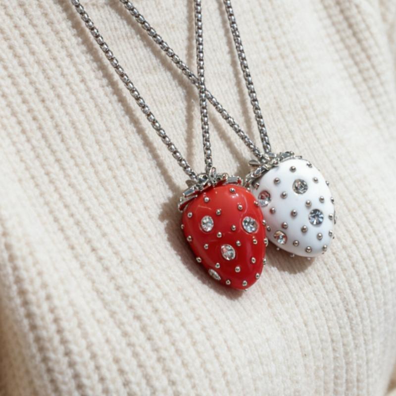 Collar de Zirconita de Fresa Para Mujer Minimalista Lindo Dulce Cadena de Suéter de Lujo